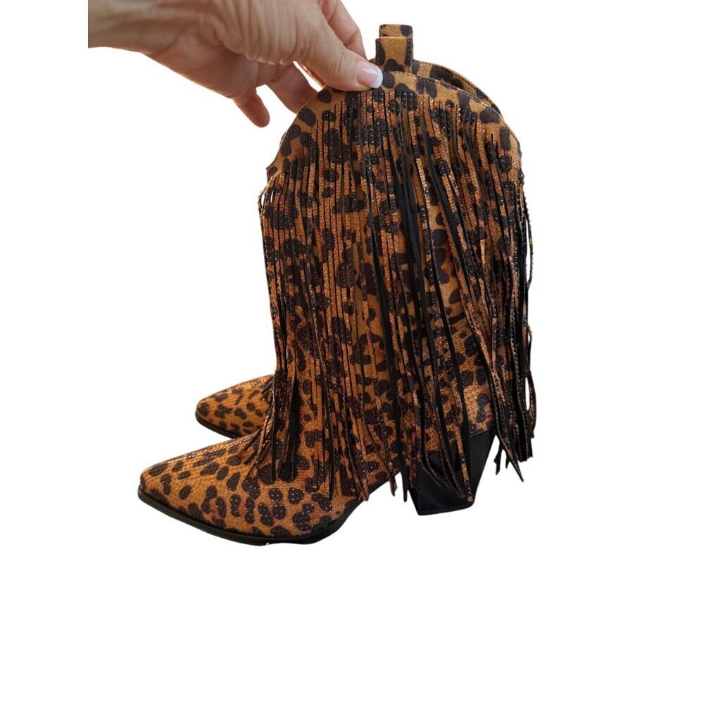 Ouepiano Womens Cowboy Boots Size 8.5 Leopard  Rhinestone Fringe Coachella New - Picture 4 of 16